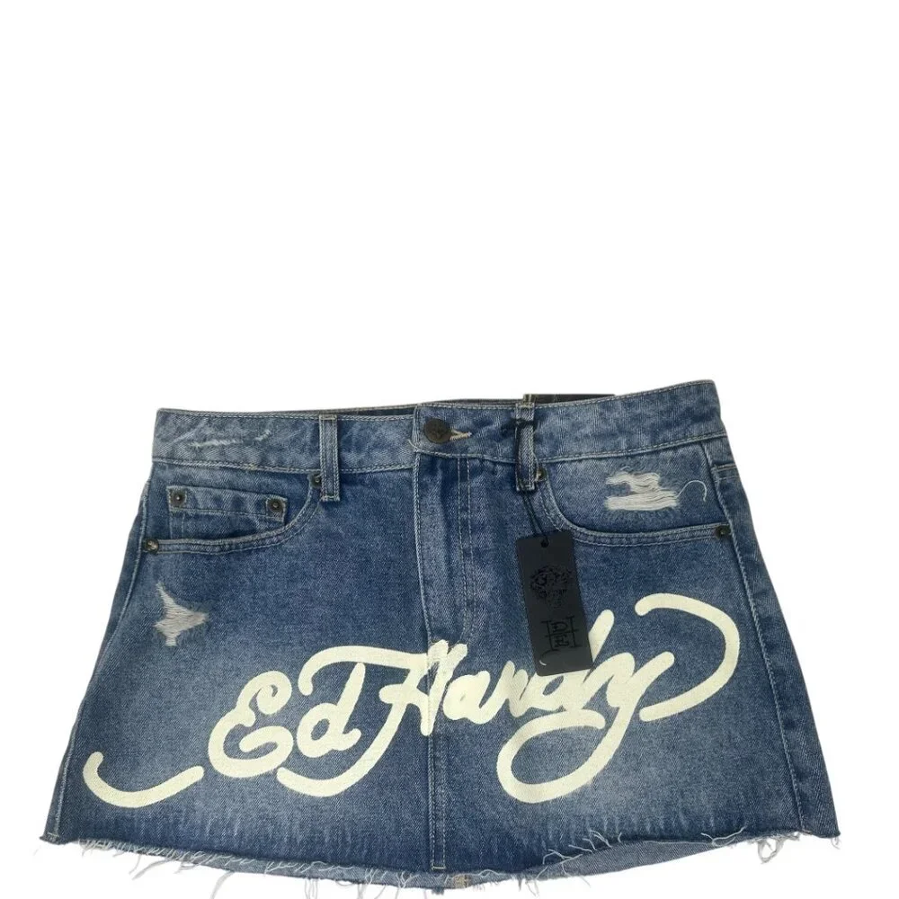 New Ed Hardy Tattoo Denim Jean Mini Skirt Size M Y2K Streetwear Edgy Grunge Punk